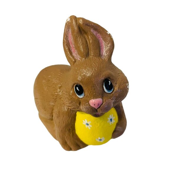 Handcrafted Ceramic Brown Easter Bunny Figurine Yellow Egg - Picture 1 of 6